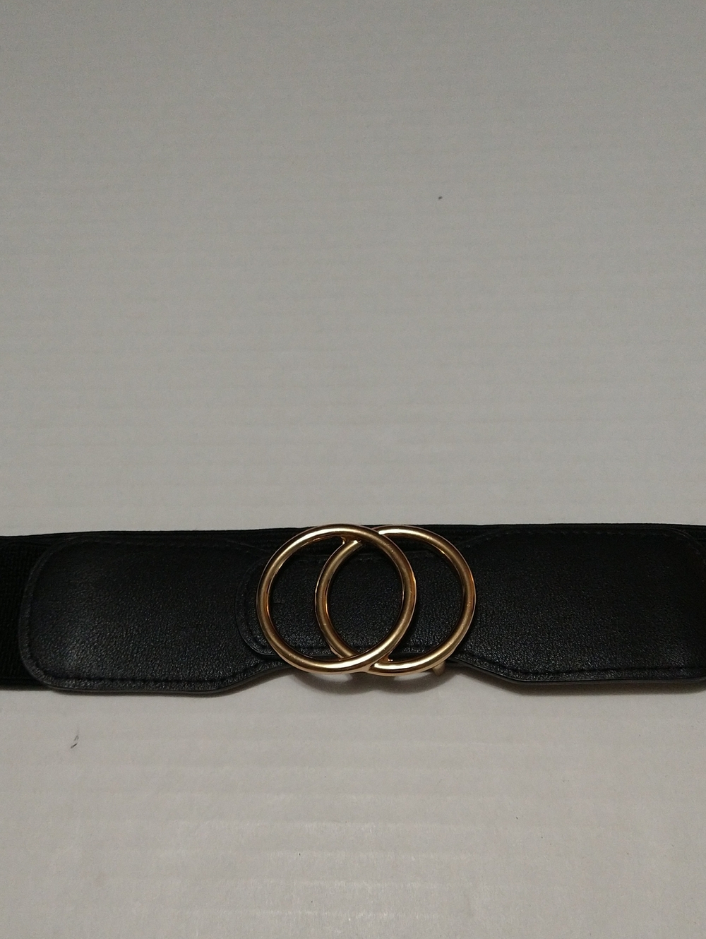 Classic Black Elastic Waist Belt with Gold Double-Ring Buckle Stretch Size 28-34